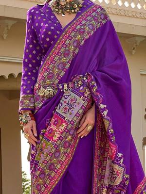 Purple kalamkari embroidered silk blend designer patola saree 3