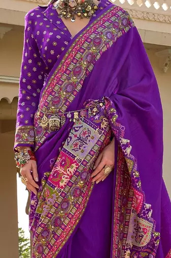 Purple kalamkari embroidered silk blend designer patola saree