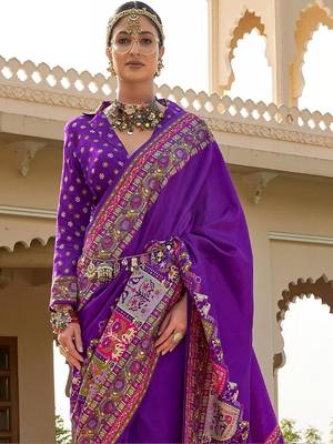 Purple kalamkari embroidered silk blend designer patola saree 4