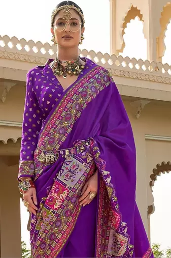 Purple kalamkari embroidered silk blend designer patola saree