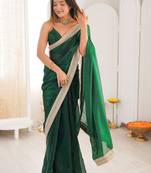 green embellished sequinned satin heavy work saree