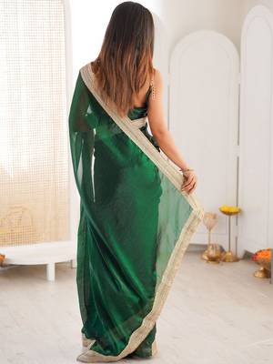 green embellished sequinned satin heavy work saree 2