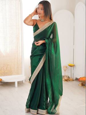 green embellished sequinned satin heavy work saree 3