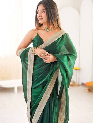 green embellished sequinned satin heavy work saree 4