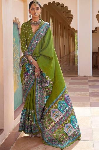 Olive silk blend designer patola saree