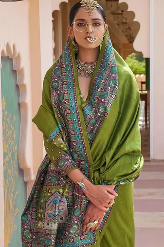 Olive silk blend designer patola saree