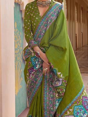 Olive silk blend designer patola saree 3
