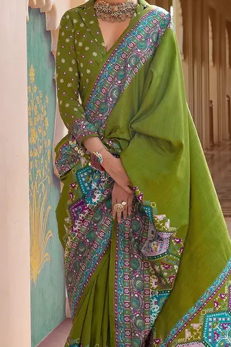 Olive silk blend designer patola saree