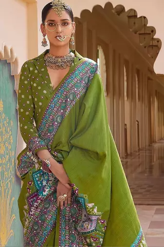 Olive silk blend designer patola saree