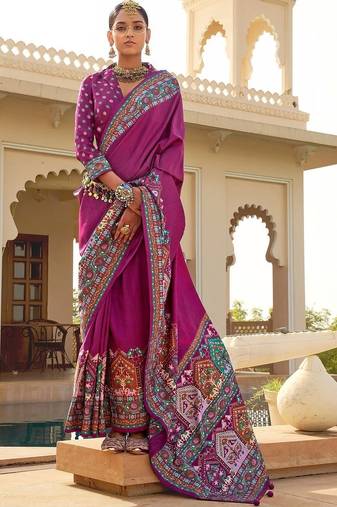 Purple kalamkari silk blend designer patola saree