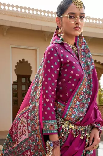 Purple kalamkari silk blend designer patola saree