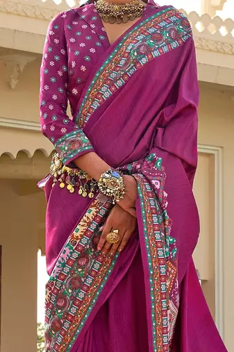 Purple kalamkari silk blend designer patola saree