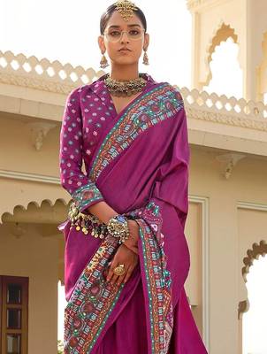 Purple kalamkari silk blend designer patola saree 4