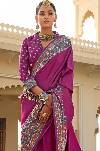 Purple kalamkari silk blend designer patola saree