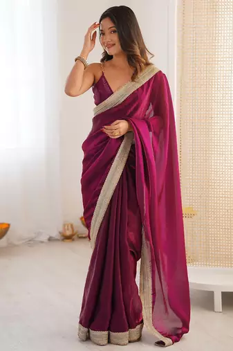 purple embellished sequinned satin heavy work saree