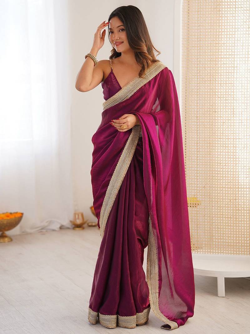 purple embellished sequinned satin heavy work saree