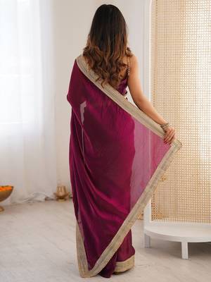 purple embellished sequinned satin heavy work saree 2