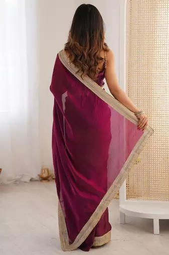purple embellished sequinned satin heavy work saree