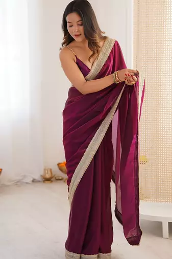 purple embellished sequinned satin heavy work saree