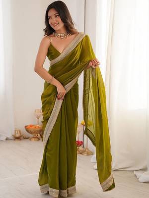 olive embellished sequinned satin heavy work saree 1