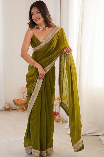 olive embellished sequinned satin heavy work saree