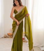 olive embellished sequinned satin heavy work saree