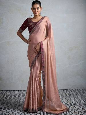 Peach embellished beads and stones tissue designer saree 1