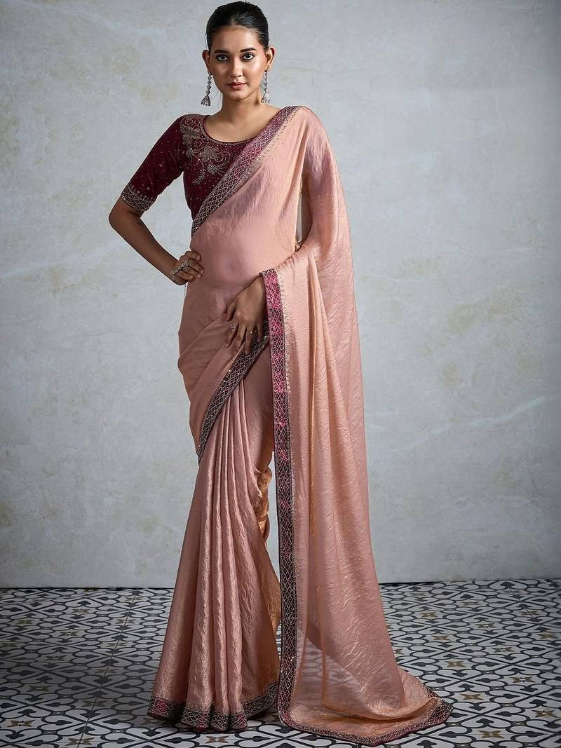Peach embellished beads and stones tissue designer saree