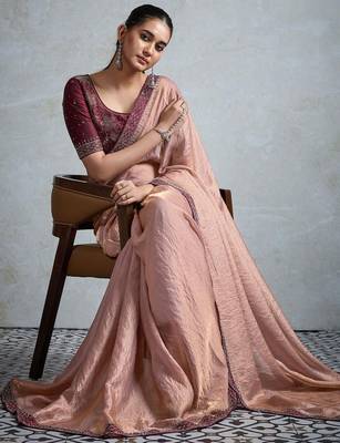 Peach embellished beads and stones tissue designer saree 4