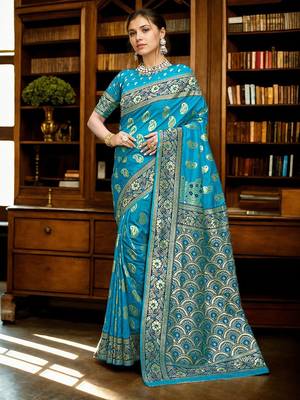 turquoise blue & gold toned woven design zari art silk blend paithani saree 1