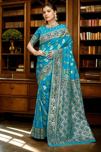 turquoise blue & gold toned woven design zari art silk blend paithani saree