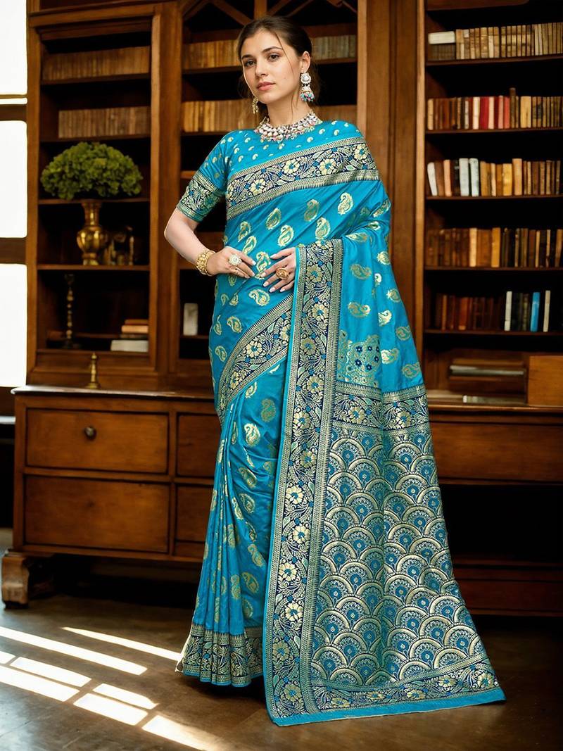 turquoise blue & gold toned woven design zari art silk blend paithani saree
