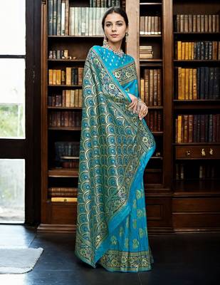 turquoise blue & gold toned woven design zari art silk blend paithani saree 2
