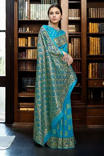 turquoise blue & gold toned woven design zari art silk blend paithani saree