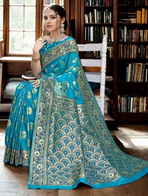 turquoise blue & gold toned woven design zari art silk blend paithani saree 3