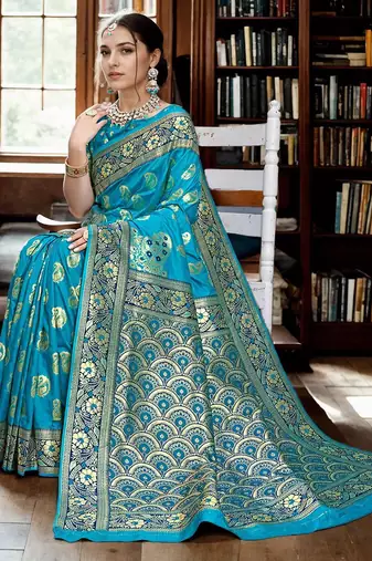 turquoise blue & gold toned woven design zari art silk blend paithani saree