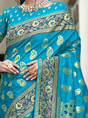 turquoise blue & gold toned woven design zari art silk blend paithani saree 4