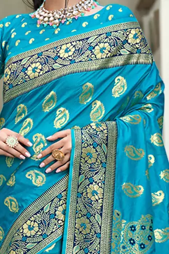 turquoise blue & gold toned woven design zari art silk blend paithani saree