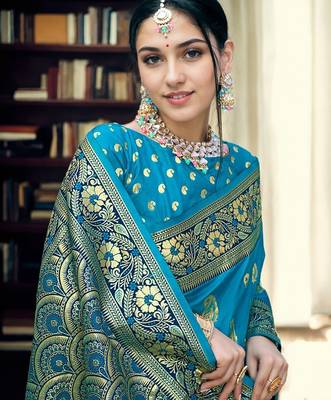 turquoise blue & gold toned woven design zari art silk blend paithani saree 5