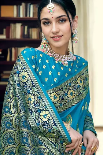 turquoise blue & gold toned woven design zari art silk blend paithani saree