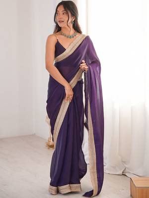 violet embellished sequinned satin heavy work saree 1