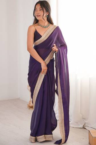 violet embellished sequinned satin heavy work saree