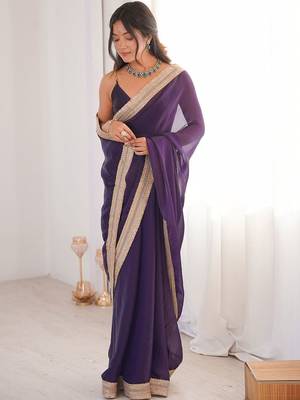 violet embellished sequinned satin heavy work saree 2