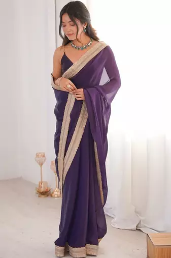 violet embellished sequinned satin heavy work saree