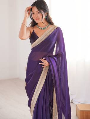 violet embellished sequinned satin heavy work saree 3