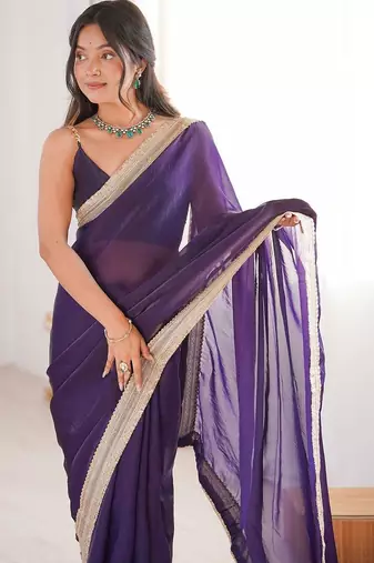 violet embellished sequinned satin heavy work saree
