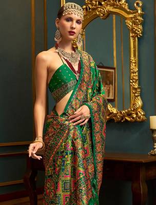 green ethnic motifs banarasi silk blend saree 2
