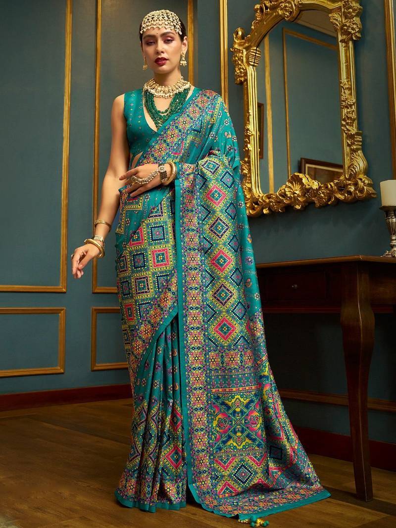 teal floral woven design banarasi silk blend saree