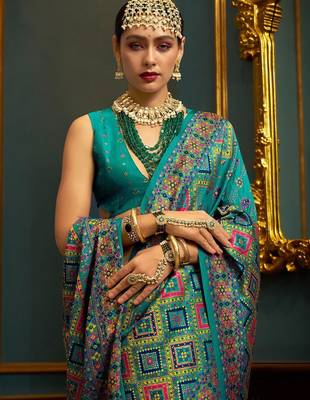 teal floral woven design banarasi silk blend saree 2