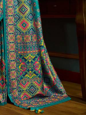 teal floral woven design banarasi silk blend saree 5